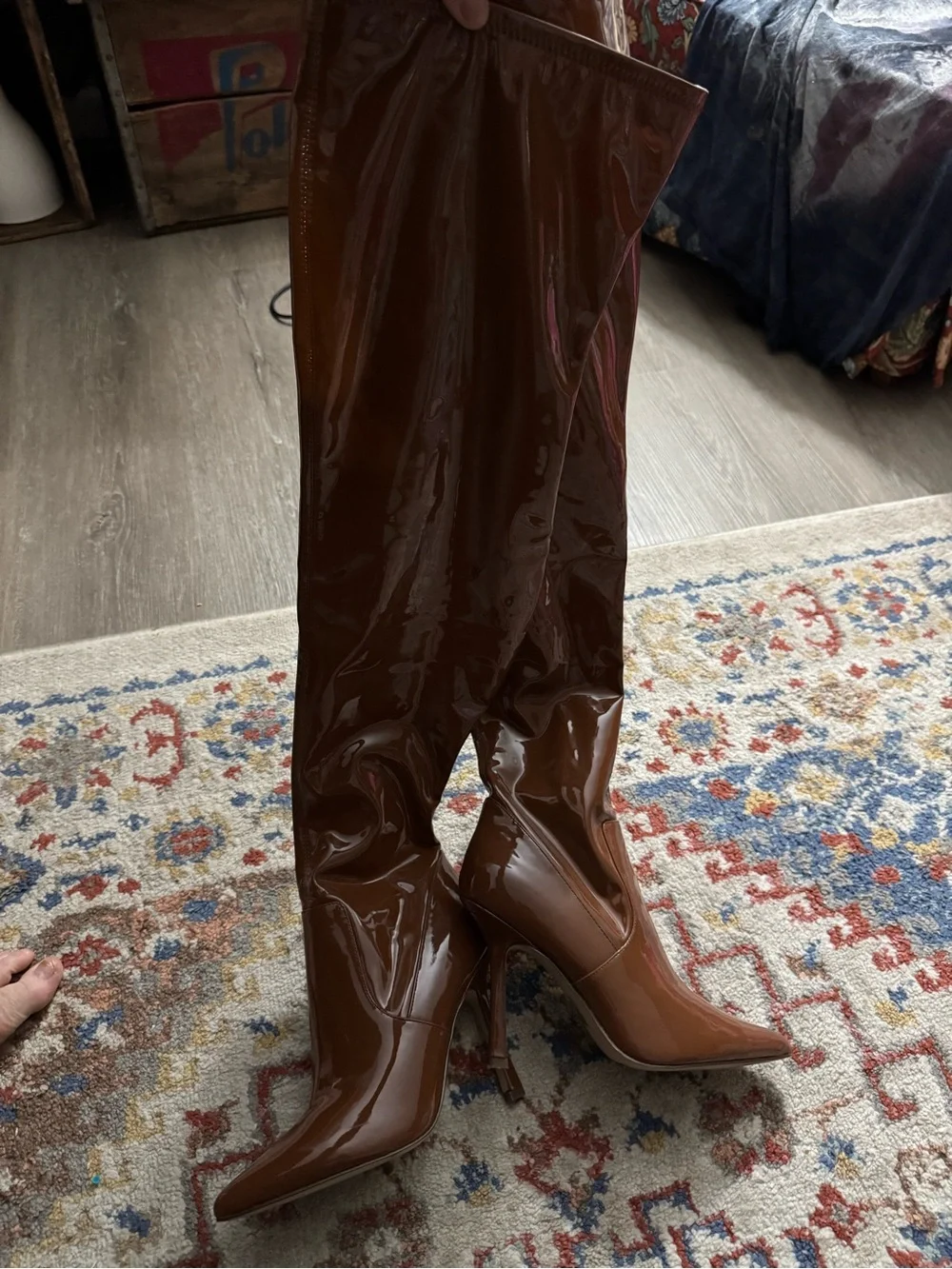 Brown Patent Over-the-Knee Stiletto Boots - Women's